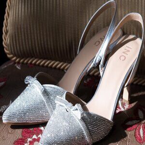 INC Co. Silver Sparkle Rhinestone Kitten Heel/ Slingback-Size 10